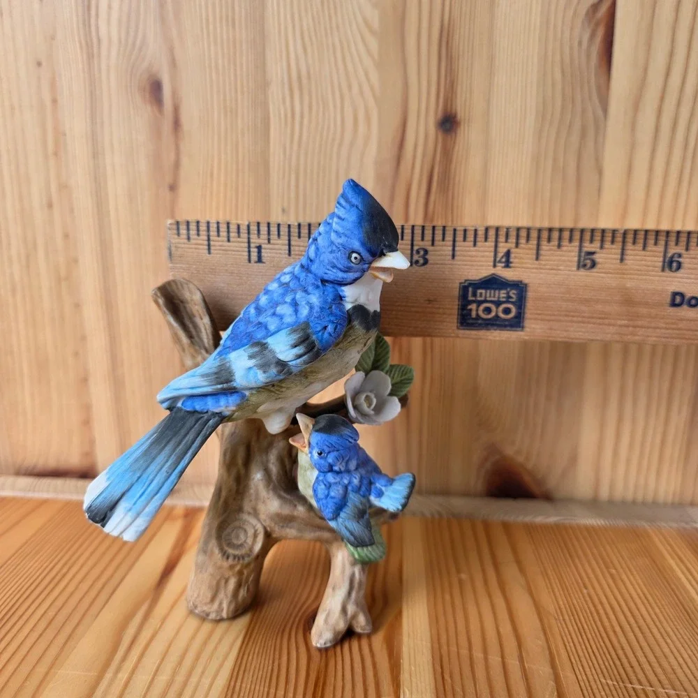 Vintage Porcelain Blue Jay and Fledgling Bird Figurine on Branch with Flower